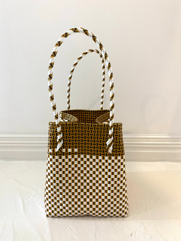 Large Square Beach Tote in Gold & White