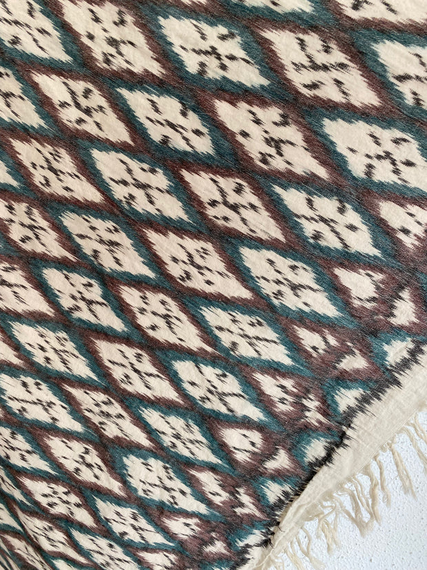 Close-up of a patterned rug with geometric design Ikat towel in River iridescent sea fremantle