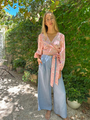 Light Powder Blue French Linen Palazzo Pant and Pink Floral Silk Blouse 