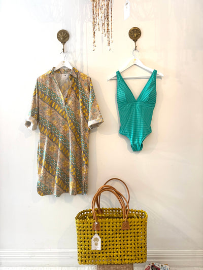 Oversized Beach Shirt Dress -Green and Gold Batik