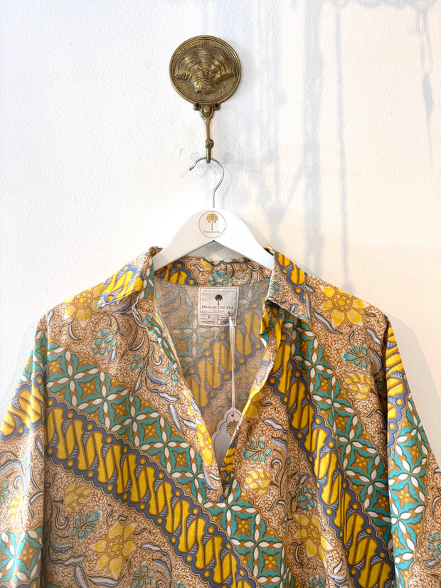 Oversized Beach Shirt Dress -Green and Gold Batik