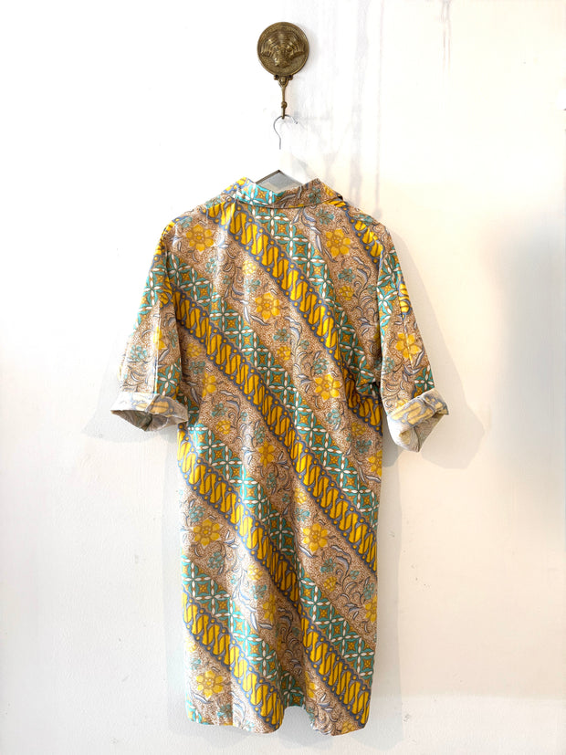 Oversized Beach Shirt Dress -Green and Gold Batik