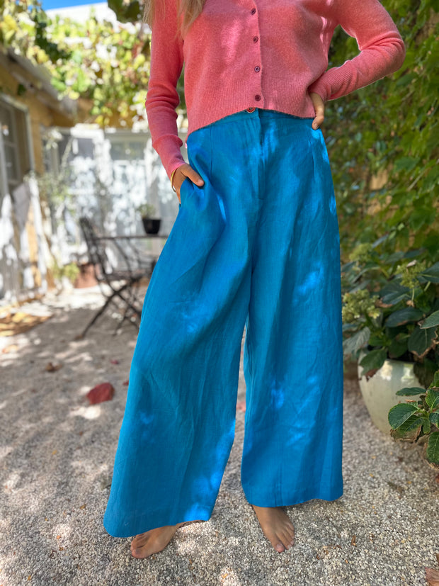 Feather Linen Palazzo Pants in Sky Blue