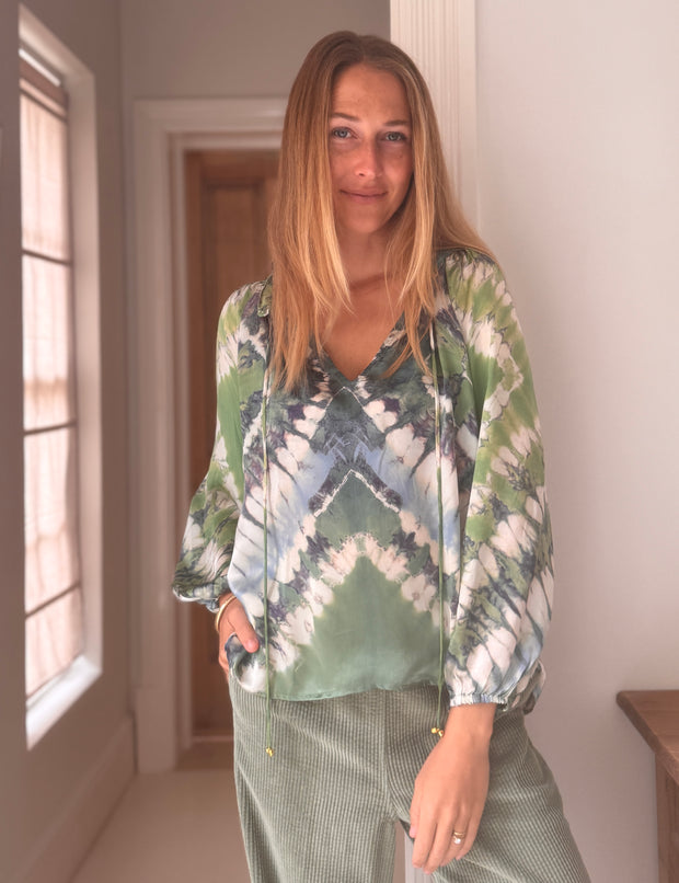 Havana Peasant Silk Blouse in Ocean Tide