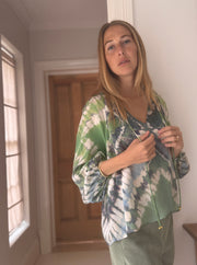 Havana Peasant Silk Blouse in Ocean Tide