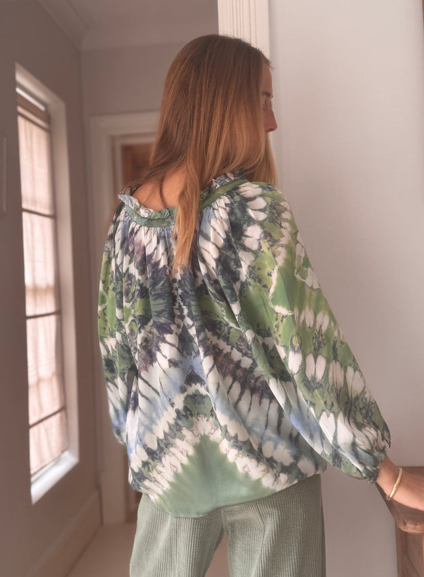 Havana Peasant Silk Blouse in Ocean Tide