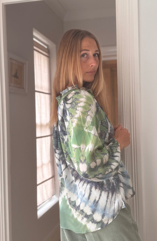 Havana Peasant Silk Blouse in Ocean Tide