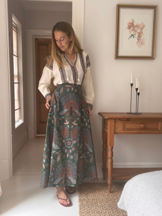 The Laurent Batik Maxi Skirt in Greenbird