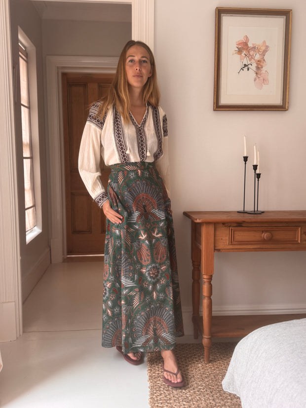 The Laurent Batik Maxi Skirt in Greenbird