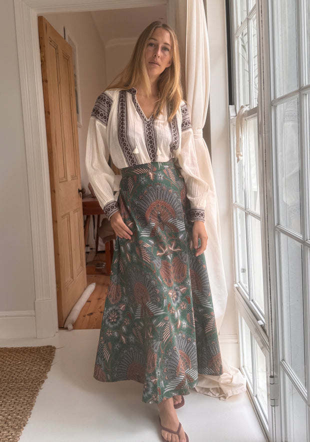 The Laurent Batik Maxi Skirt in Greenbird