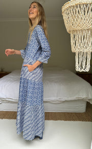 Sahana Dress in Blue and White Batik Iridescent Sea Fremantle Perth