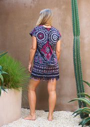 Ikat Mini Dress in Navy Blue & Bordeaux