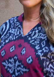 Ikat Mini Dress in Navy Blue & Bordeaux