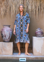 Oversized Beach Shirt Dress - Grey Ikat