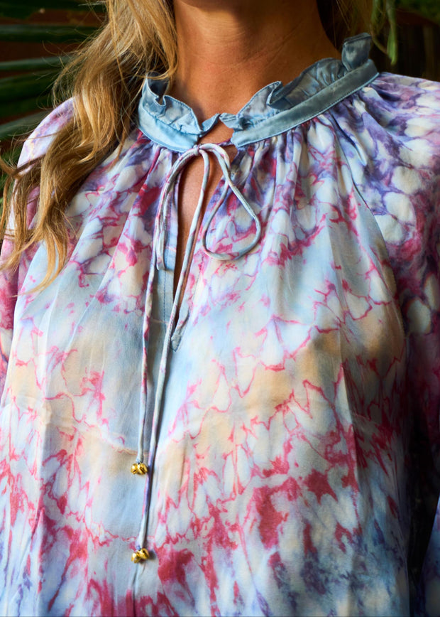 Havana Peasant Silk Blouse in Candy Skies