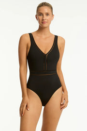 Sea Level Essentials Spliced Waisted One Piece in Black