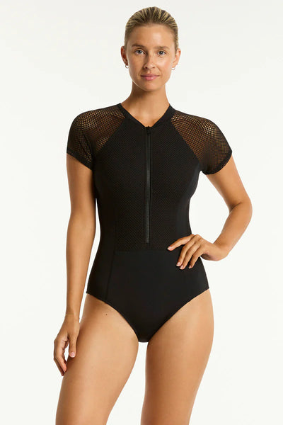 Sea Level Drift Short Sleeve One Piece in Black