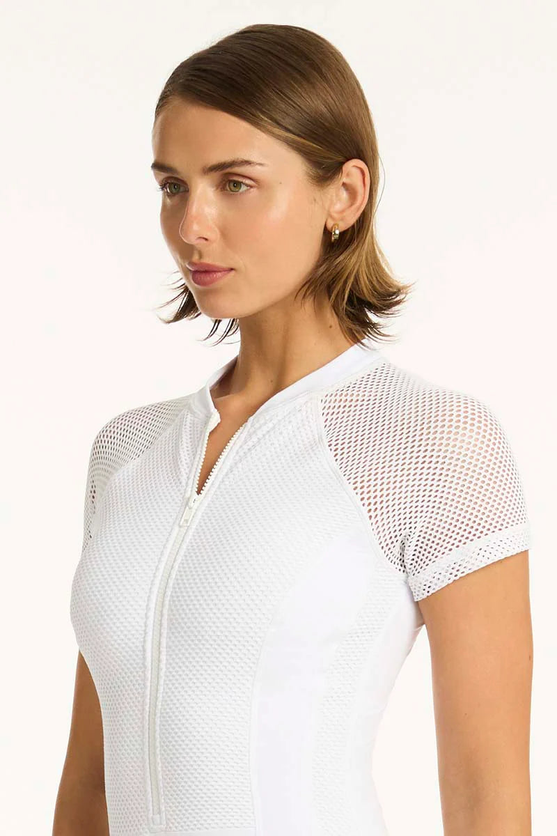 Sea Level Drift Short Sleeve One Piece in White – Iridescent Sea