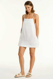 SEA LEVEL Tidal Linen Short Shift Dress in White Iridescent Sea Fremantle