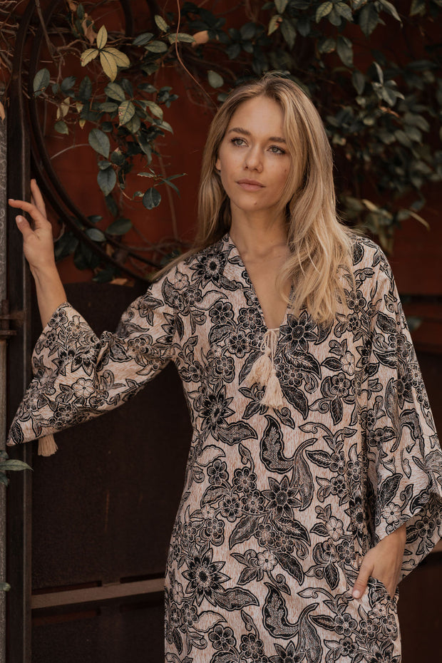 Kasbah Kaftan in Block Print Floral Iridescent Sea , Fremantle