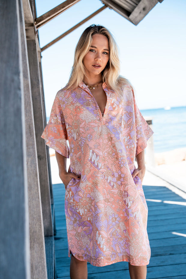 Oversized Beach Shirt Dress - Peach