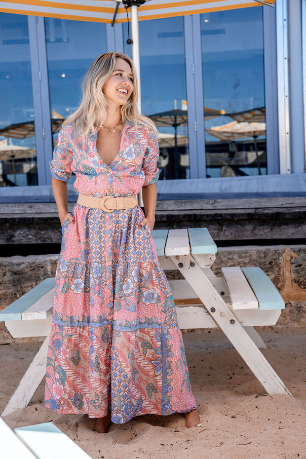 The "Sahana Poco” shirt dress is tiered from individual pieces of soft cotton batik patterned with different flowers &amp; vines - each flower and twisting vine is hand-drawn in intricate detail. By Iridescent Sea , Fremantle ,Perth