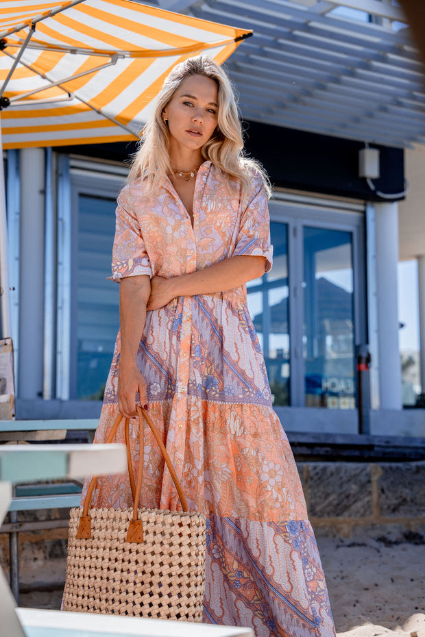 The "Sahana Poco” shirt dress is tiered from individual pieces of soft cotton batik patterned with different flowers &amp; vines - each flower and twisting vine is hand-drawn in intricate detail. By Iridescent Sea , Fremantle ,Perth