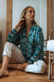 Les Fleurs Silk Blouse in Aquamarine Iridescent sea Fremantle Perth