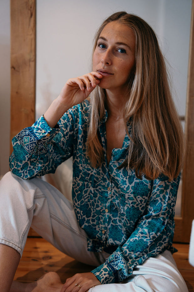 Les Fleurs Silk Blouse in Aquamarine