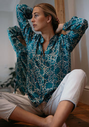 Les Fleurs Silk Blouse in Aquamarine Iridescent sea Fremantle Perth