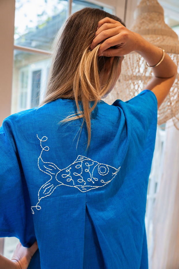 Fish Portugal Kaftan in Sky Feather Linen