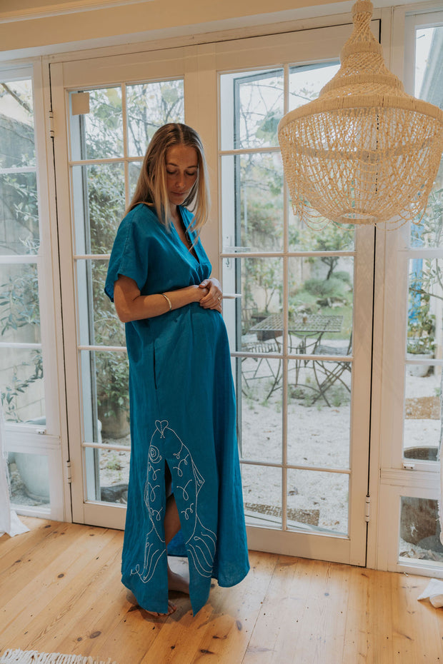 Fish Portugal Kaftan in Sky Feather Linen