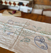 Yallingup Palms Heirloom Linen Hand Embroidered Seashell Tablerunner.