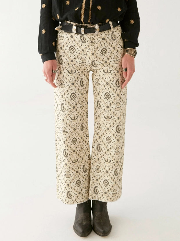Person wearing patterned pants on a white background MAISON HOTEL Lula Pant in Java Vanilla Iridescent sea Perth Fremantle