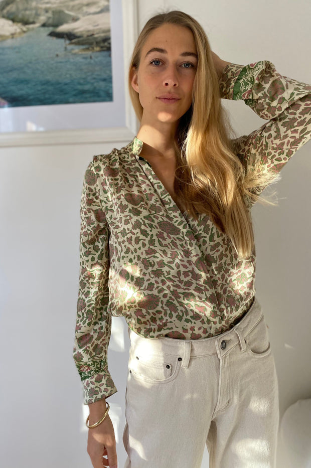 Floral Print Silk Blouse in Green and Pink