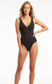 Sea Level Eco Essentials Spliced Waisted One Piece in Black Iridescent sea Fremantle