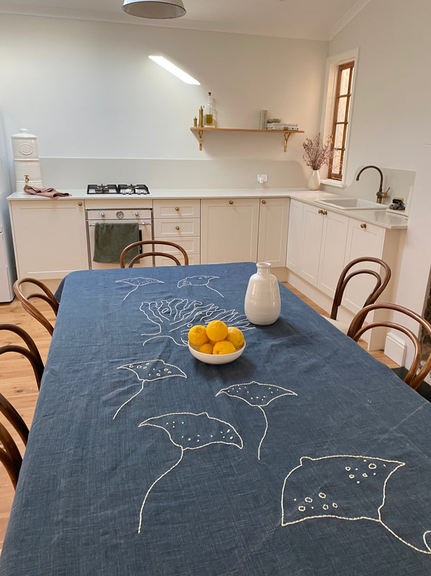 Yallingup Palms Heirloom Linen Hand Embroidered Manta Tablecloth.