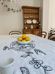 Yallingup Palms Heirloom Linen Hand Embroidered Sardines Feast Tablecloth.