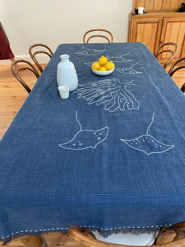 Yallingup Palms Heirloom Linen Hand Embroidered Manta Tablecloth.