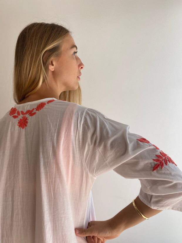 Cotton Tunic with Coral Embroidery